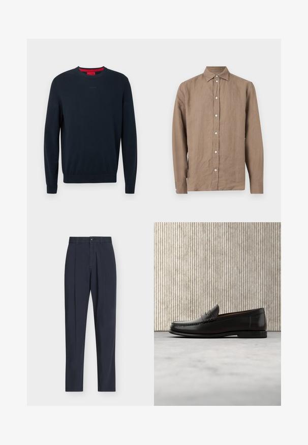 Pull ras du cou bleu marine en tissu doux. Comprend des manches longues, des poignets côtelés, et un petit logo embossé sur le devant.; Chemise marron à manches longues avec col, boutons blancs, et texture unie, présentée sur un fond gris clair.; Pantalon bleu marine ajusté avec plis à l'avant, passants de ceinture, braguette zippée et fermeture par bouton sur fond blanc uni.; Mocassin penny en cuir noir avec talon bas, bout arrondi et détails cousus à l'avant et sur les côtés, présenté sur un fond neutre.