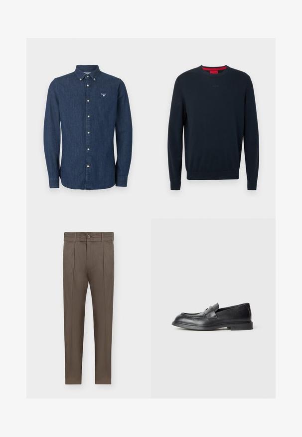 Pull ras du cou bleu marine en tissu doux. Comprend des manches longues, des poignets côtelés, et un petit logo embossé sur le devant.; Chemise en denim bleu foncé à manches longues avec fermeture à boutons, col boutonné et logo Barbour blanc sur la poitrine gauche.; Pantalon marron pour homme, coupe fuselée, avec plis, passants pour ceinture, fermeture à boutons et poches latérales sur fond blanc.; Mocassins en cuir noir avec une finition texturée, dotés d'une bride décorative à l'avant et d'un bout arrondi. Semelle en caoutchouc pour plus de durabilité.