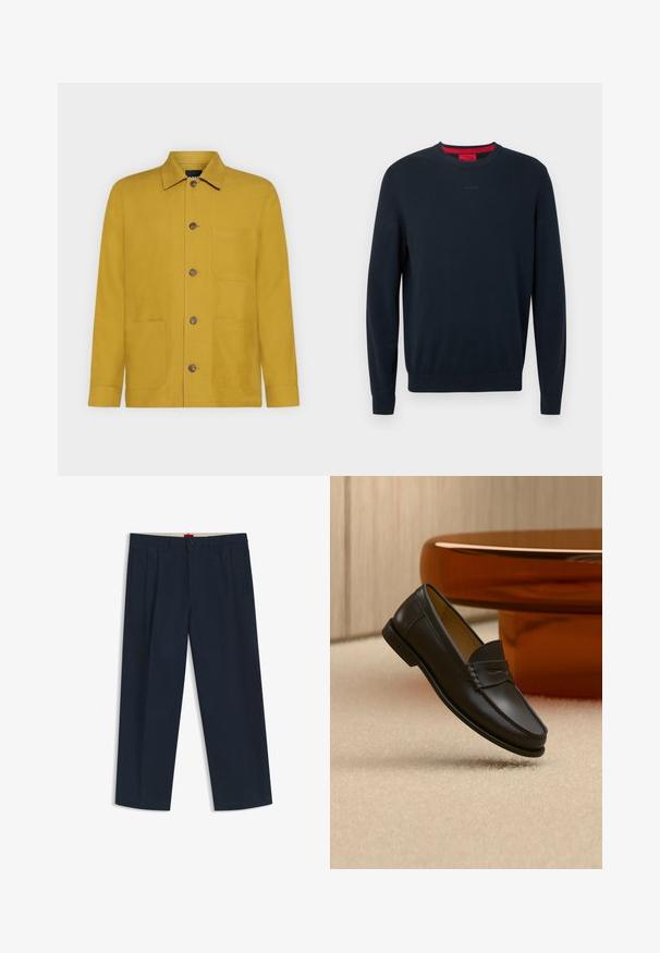 Pull ras du cou bleu marine en tissu doux. Comprend des manches longues, des poignets côtelés, et un petit logo embossé sur le devant.; Veste jaune moutarde à manches longues avec col, quatre boutons devant et trois poches avant sur fond uni.; Pantalon large bleu marine foncé avec passants pour ceinture, fermeture à bouton et zip à l'avant, et poches latérales, présenté sur fond blanc.; Chaussure mocassin en cuir noir suspendue au-dessus d’un tapis beige avec du mobilier moderne couleur ambre en arrière-plan.