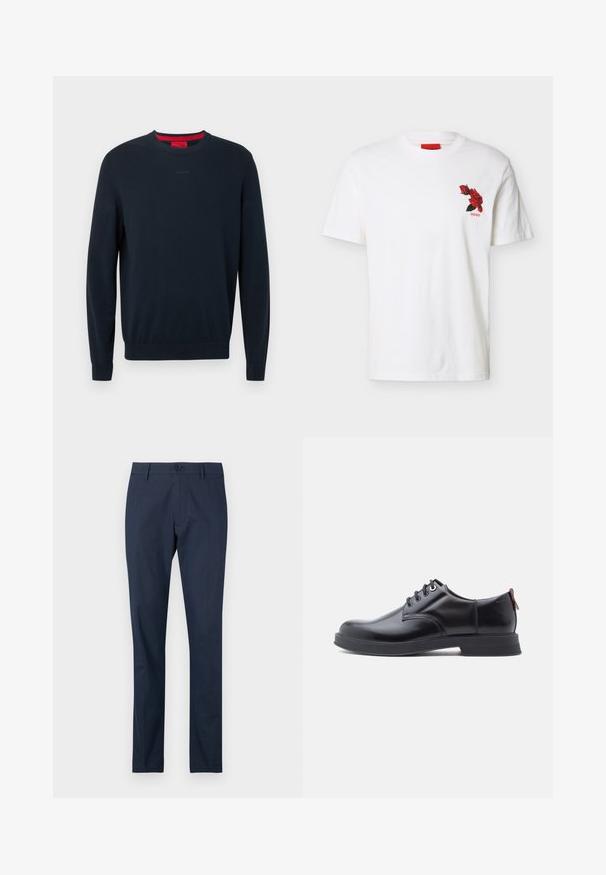 Mørkeblå sweater med rund hals i blødt stof. Har lange ærmer, ribbede manchetter og et lille præget logo foran.; Hvid kortærmet T-shirt med rund hals, med lille rød rosegrafik og "HUGO"-tekst på venstre bryst.; Mørkeblå bukser med flad front, lige ben-design og enkelt knaplukning i taljen. Glat stof uden synlige mønstre.; Sorte snørestøvler i læder med glat tekstur, rundet tå og diskrete syningsdetaljer. Har en rød trækflig på hælen.