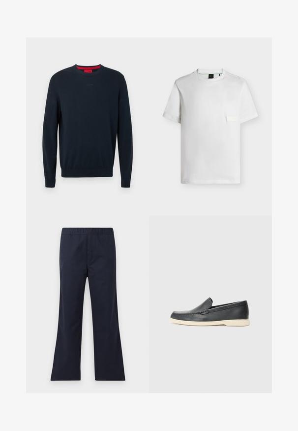 Mørkeblå sweater med rund hals i blødt stof. Har lange ærmer, ribbede manchetter og et lille præget logo foran.; Hvid simpel t-shirt med korte ærmer og rund halsudskæring med en lille rektangulær lap på venstre bryst og en sort label inde i kraven.; Marinblå, flagrende bukser lavet af glat stof. Har en elastisk talje og sidelommer. Rene linjer og minimalistisk design.; Sort læder slip-on loafer med beige sål, placeret i luften nær et metaltrådstativ til magasiner på en terrazzo-gulv.