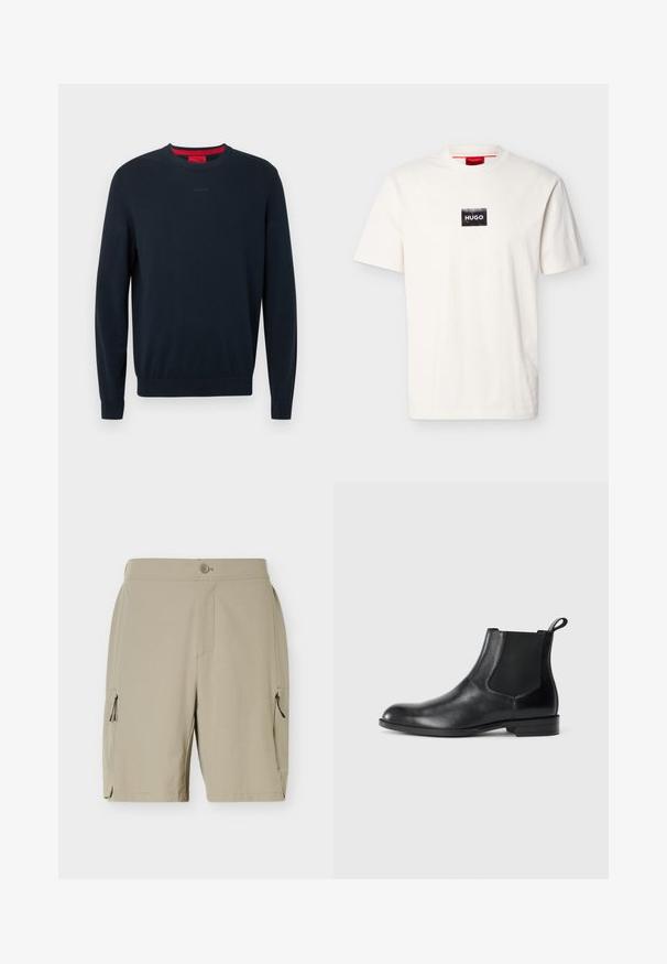 Pull ras du cou bleu marine en tissu doux. Comprend des manches longues, des poignets côtelés, et un petit logo embossé sur le devant.; T-shirt blanc à manches courtes avec col rond, doté d'un petit patch rectangulaire noir et du texte blanc "HUGO" sur la poitrine.; Shorts beiges mi-genoux avec fermeture à boutons et poches zippées de chaque côté, conçus pour un usage décontracté ou en plein air.; Bottine en cuir noir avec des panneaux latéraux élastiques, bout rond et tirette. Texture lisse, semelle plate, design minimaliste.