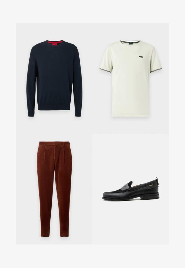Mørkeblå sweater med rund hals i blødt stof. Har lange ærmer, ribbede manchetter og et lille præget logo foran.; Kortærmet t-shirt i lysebeige bomuld med rund hals, sort logo og kontrasterende sorte og hvide striber på kraven og ærmerne.; Brune corduroy bukser med lige pasform, featuring frontfolder, to sidelommer og en glat tekstur. Velegnet til afslappet brug.; Sort læderloafer med grå remdetalje, lav hæl og tekstureret sål, mærket med "HUGO" i guld på siden.