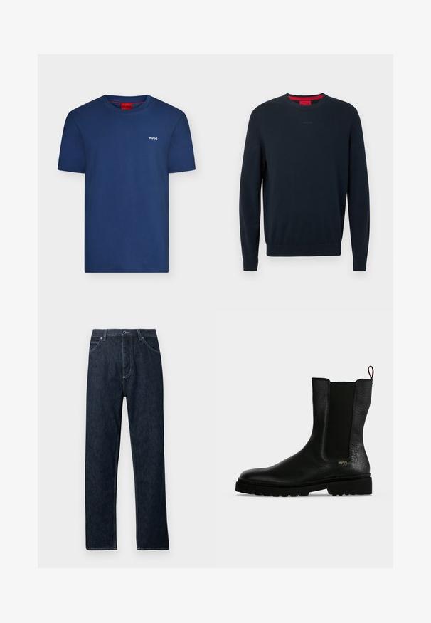 Pull ras du cou bleu marine en tissu doux. Comprend des manches longues, des poignets côtelés, et un petit logo embossé sur le devant.; T-shirt bleu marine à manches courtes avec col rond, petit logo blanc "HUGO" sur la poitrine gauche et étiquette intérieure rouge au col.; Jean en denim foncé avec une coupe droite, cinq poches, des accents de couture bleue et une fermeture à boutons. Propre, sans motifs visibles.; Bottine en cuir noir avec un panneau latéral élastique, une semelle épaisse et une languette à l’arrière, featuring un petit logo doré "Hugo" près du talon.