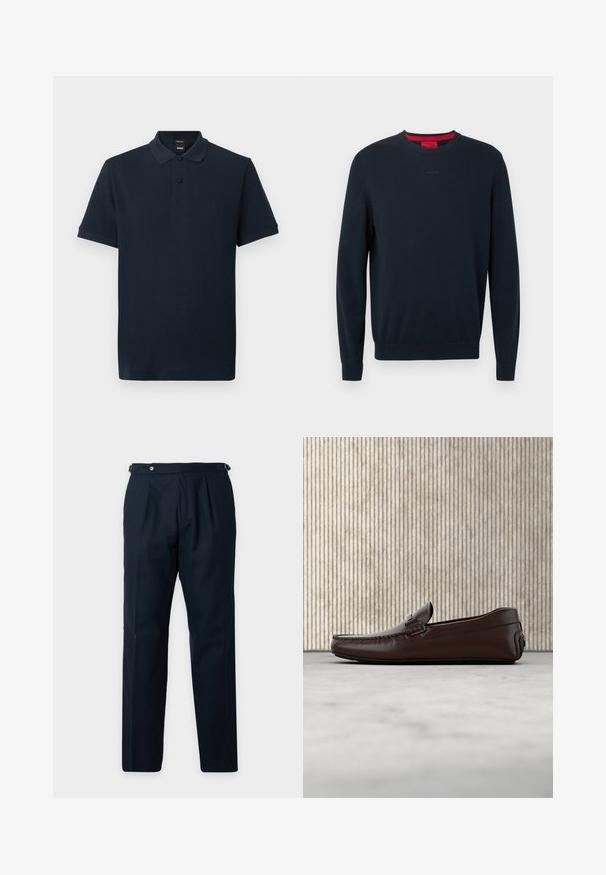 Pull ras du cou bleu marine en tissu doux. Comprend des manches longues, des poignets côtelés, et un petit logo embossé sur le devant.; Polo à manches courtes bleu marine avec col, deux boutons noirs, et logo brodé discret sur la poitrine.; Pantalon bleu marine ajusté avec plis, sangles réglables latérales et fermeture par bouton à la taille, présenté sur un fond uni.; Mocassins en cuir marron avec une finition lisse, des coutures de style mocassin, un bout rehaussé et une semelle en caoutchouc basse et flexible.