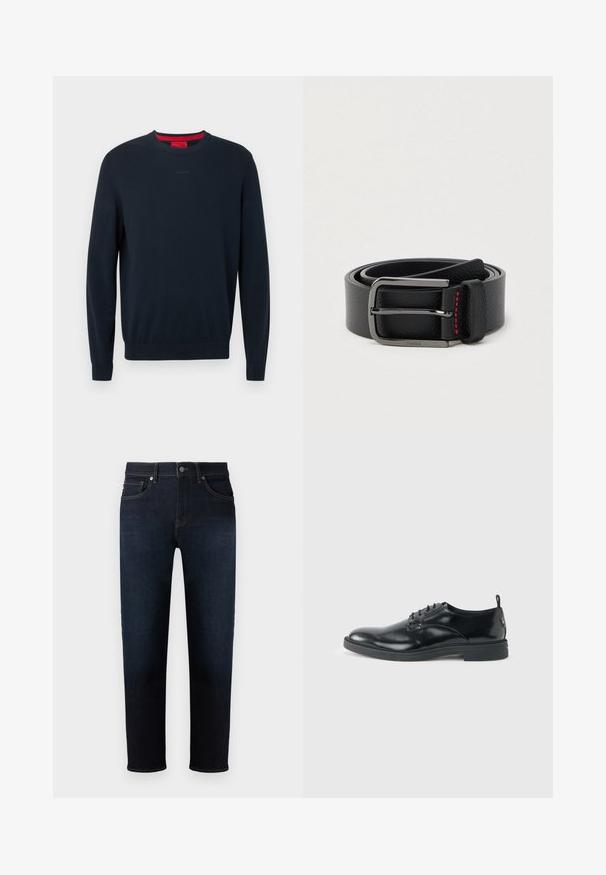 Donkerblauwe sweater met ronde hals gemaakt van zacht materiaal. Voorzien van lange mouwen, geribbelde boorden en een klein reliëflogo aan de voorkant.; Donkerblauwe denim jeans met een rechte pijpdesign, voorzien van vijf zakken, contrasterende stiksels en een knoopsluiting aan de voorkant.; Glanzende zwarte lederen nette schoen met lage hak, vetersluiting en ronde neus, van opzij getoond tegen een effen lichte achtergrond.; Zwarte leren riem met een zilveren gesp en rood stiksel, opgerold op een effen lichte achtergrond.