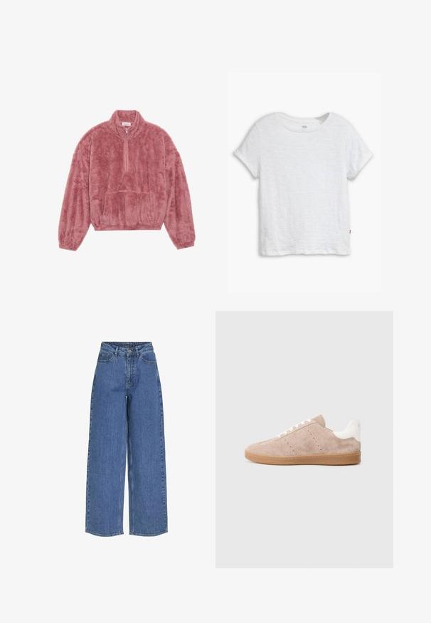 Faux fur pullover i støvet lyserød, med høj krave, halv lynlås foran, lange ærmer og en front kanguru lomme. Blød tekstur.; Hvid kortærmet t-shirt lavet af letvægtsbomuld, med rund halsudskæring, en let boxy form, og et lille rødt logo-mærke på kanten.; Bredde ben blå jeans med høj talje, lavet af denimstof. Egenskaber inkluderer frontlommer og knaplukning. Klassisk afslappet design.; Beige ruskindsneaker med rund tå, hvide accenter på hælen, perforerede detaljer på siderne og en gummirubbersål.
