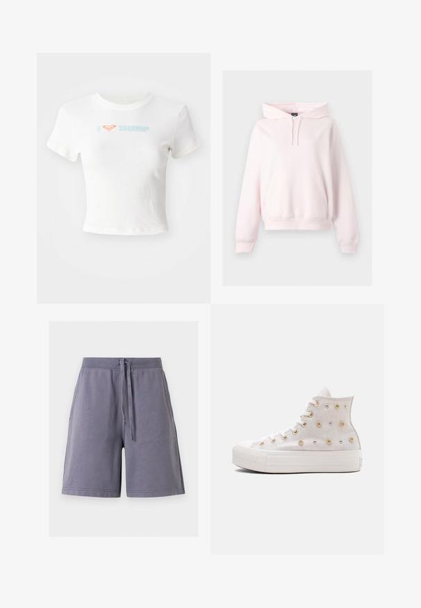 Lyserød hættetrøje med kængurulomme foran, snøre i hætten, ribkant ved ærmerne og et diskret broderet logo på venstre bryst.; Hvid cropped t-shirt lavet af bomuld med et orange hjerte og "SURF" i lyseblåt print på forsiden. Korte ærmer, rund hals.; Grå afslappede shorts med elastisk taljebånd og snøre, med sidelommer og lige kant, vist mod en hvid baggrund.; Hvid højtop-sneaker med platformsål, guldøjehuller og dekorative guldknotter på lærredsupperdelen, sidevisning på lys baggrund.