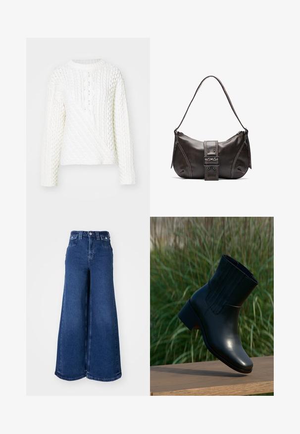 Suéter blanco de punto con un patrón de cable texturizado, cuello redondo y mangas largas. El diseño incluye una sección frontal diagonal.; Vaqueros de pierna ancha en denim azul oscuro, con una cintura alta, cierre de botón en la parte delantera y dos bolsillos frontales. Textura suave con costuras mínimas.; Bota negra de cuero al tobillo con punta redonda y tacón modesto. Presenta costuras verticales en el lateral, textura lisa y una silueta elegante.; Bolso de hombro de cuero marrón con forma curva, que presenta un prominente detalle de hebilla, costuras en contraste y una sola correa para el hombro.