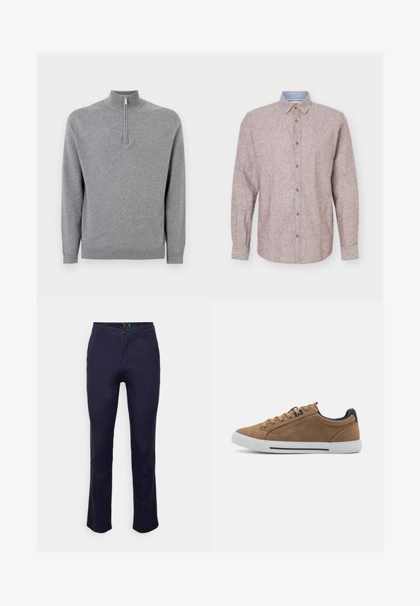 Grå pullover sweater med høj krave og en kvart længde lynlås. Har ribbede manchetter og kant, lavet af et blødt, strikket stof.; Beige langærmet skjorte med knapper, klassisk krave og brune knapper, vist mod en ensfarvet lys baggrund.; Konstruktionsblå, lige benbukser lavet af bomuldsmateriale med en glat tekstur. Har en knaplukning og lommer foran og bagpå.; Brune ruskinds sneakers med beige snørebånd, hvid gummisål og en mørkeblå hælaccent. Har syede detaljer og et afslappet design.