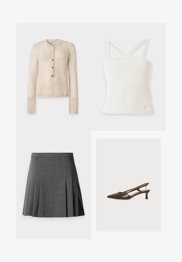 Beige tekstureret striklangærmet top med rund halsudskæring og fem-knaps placket foran i midten.; Hvid ribstrikket cropped top med tynde skulderstropper og et lille metal brandmærke nær den nederste kant.; Grå plisseret nederdel med en tætsiddende talje, lavet af et glat, medium-vægt stof.; Mørkebrune spidse slingback-sko med mellemhøj hæl, udskårne sider og en lille gylden charme hængende fra ankremmens spænde.