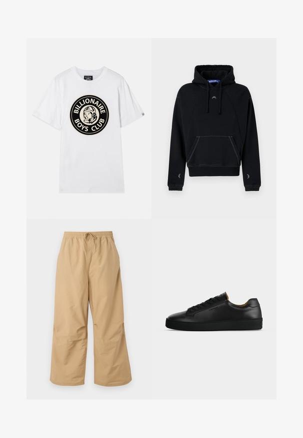 Sort hættetrøje med kængurulomme, prydet med kontrasterende hvid syning, snoretræk i hætten og et lille logo på brystet.; Hvid bomulds t-shirt med et sort og guld cirkulært grafisk motiv af en astronaut sammen med teksten "BILLIONAIRE BOYS CLUB". Korte ærmer, rund hals.; Beige vide ben bukser lavet af letvægtsstof med en elastisk talje og snøre samt syede detaljer nær kanten.; Sort lavtopet læder-sneaker med sorte snørebånd, tekstureret gummisål og lille præget logo på siden, vist i profil mod grå baggrund.