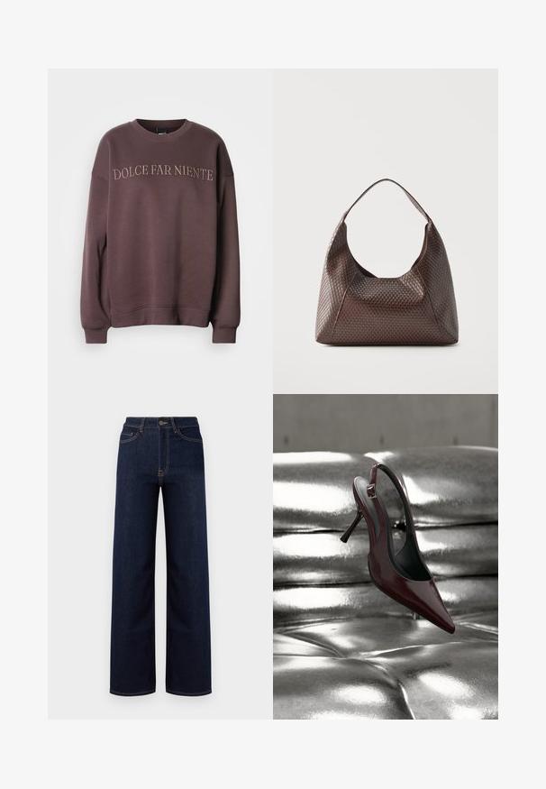 Sweatshirt mauve en mélange de coton, avec col rond et poignets côtelés, brodé de "DOLCE FAR NIENTE" sur la poitrine.; Jeans en denim bleu foncé à jambes larges, avec une taille haute, quatre poches et des coutures contrastantes le long des coutures.; Chaussure slingback à talon haut rouge foncé avec bout pointu reposant sur une surface matelassée argentée métallique brillante.; Sac à épaule en cuir tressé marron avec une seule large bandoulière et un corps souple en forme de croissant.