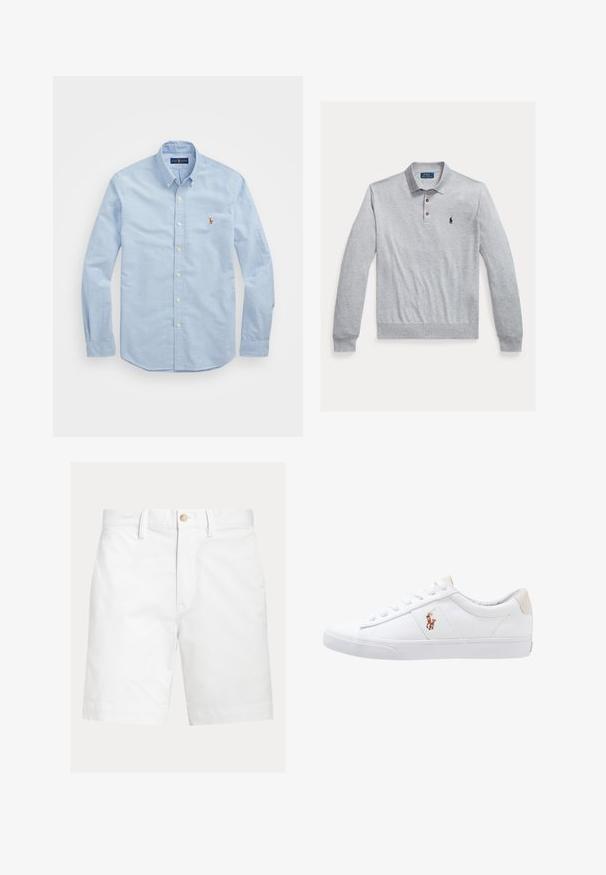 Graues Langarm-Poloshirt aus Baumwolle mit einer Knopfleiste mit drei Knöpfen, gerippten Bündchen und einem kleinen marineblauen Logo auf der linken Brust.; Himmlisch blaues Langarm-Hemd aus Baumwolle mit klassischem Kragen und kleinem roten gestickten Logo auf der Brust.; Weiße kniehohe Shorts mit Gürtelschlaufen und braunem Knopfverschluss an der Taille, auf schlichtem Hintergrund dargestellt.; Weiße Leinensneaker im Low-Top-Design mit einem beigen Ferseneinsatz und einem kleinen gestickten Logo an der Seite. Gummisohle.