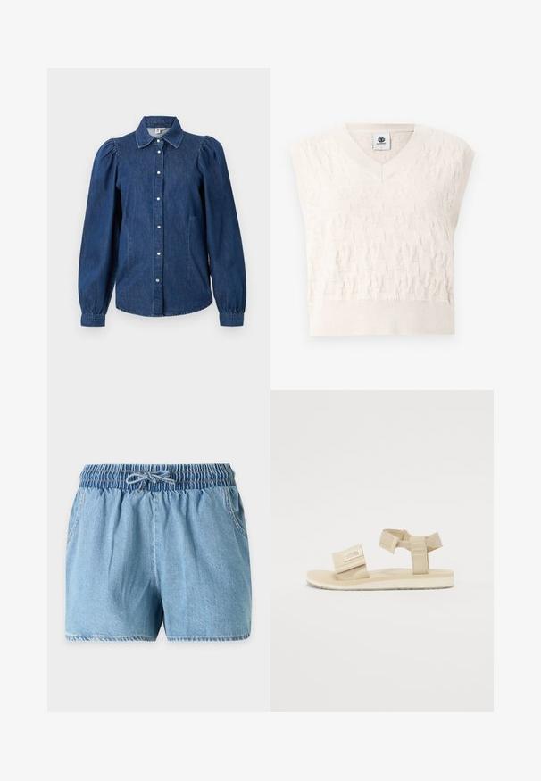 Crèmekleurig gebreid mouwloos sweatervest met V-hals en subtiel gestructureerd patroon, van het merk Element, maat small.; Donkerblauwe denim blouse met lange, opgezette mouwen, een knoopsluiting aan de voorkant en een klassieke kraag. Bevat twee zijzakken en heeft een licht gebogen zoom.; Lichtblauwe denimshort met elastische tailleband en strik aan de voorkant, met zijzakken en zichtbare stikseldetails.; Beige sandalen met een getextureerde voetzool, verstelbare stoffen banden en een logo patch op de band. Lichtgewicht ontwerp en platte zool.