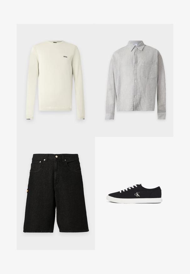Vaaleanbeige neulepaita, jossa pitkät hihat, pyöreä pääntie, resorit hihansuissa ja pieni musta "BOSS"-logo rinnassa. Sileä pinta, rento design.; Pitkähihainen nappipaita, jossa on ohuet pystysuorat harmaat ja valkoiset raidat, terävä kaulus, rintatasku ja neljä nappia edessä.; Mustat farkkushortsit, joissa on klassinen viiden taskun muotoilu, hopeaiset yksityiskohdat ja hienovarainen oranssi accentti sivutaskussa.; Musta matalakärkinen lenkkari, jossa valkoiset nauhat ja pohja, sivussa "cK"-logo, esitetty valkoisella taustalla.