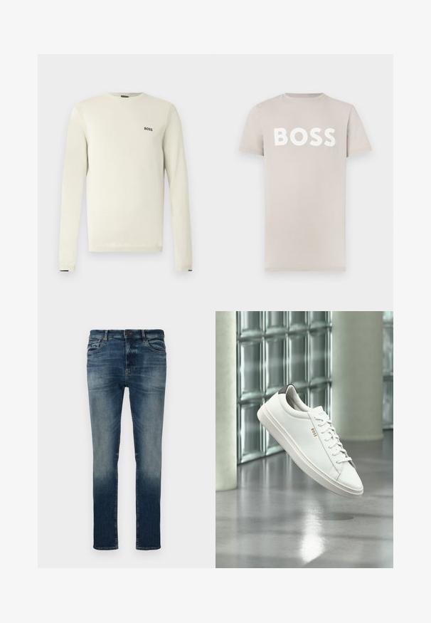 Svetlobéžový sveter s dlhými rukávmi, okrúhlym výstrihom, rebrovanými manžetami a malým čiernym logom "BOSS" na hrudi. Hladká textúra, ležérny dizajn.; Svetložlté bavlnené tričko s krátkymi rukávmi a okrúhlym výstrihom. Na hrudi má výrazný biely nápis „BOSS“. Hladká textúra.; Tmavomodré denimové nohavice s vybieleným umývaním, slim fit, päť vreciek, pútka na opasok a uzáver na kovový gombík. Hladká textura.; Biela kožená teniska s nízkym strihom, šnúrkami, čiernou pätovou záložkou a logom „BOSS“, ktorá visí vo vzduchu v interiéri pri stene zo sklenených blokov a leštenej podlahe.