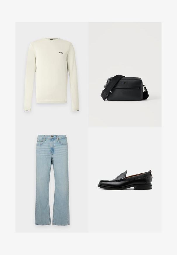 Lichtbeige trui met lange mouwen, ronde hals, geribbelde manchetten en een klein zwart "BOSS"-logo op de borst. Gladde textuur, casual ontwerp.; Lichtblauwe denim flare jeans met een middelhoge taille, vijf zakken en contrasterende stiksels. Voorzien van een ritssluiting en metalen knoopsluiting.; Zwarte leren herensloffen met moc toe stiksel, pennyriem, gestructureerde kraag en lage gestapelde hak op witte achtergrond.; Zwarte gestructureerde leren crossbodytas met voorvak met ritssluiting en verstelbare brede stoffen schouderband op een witte achtergrond.