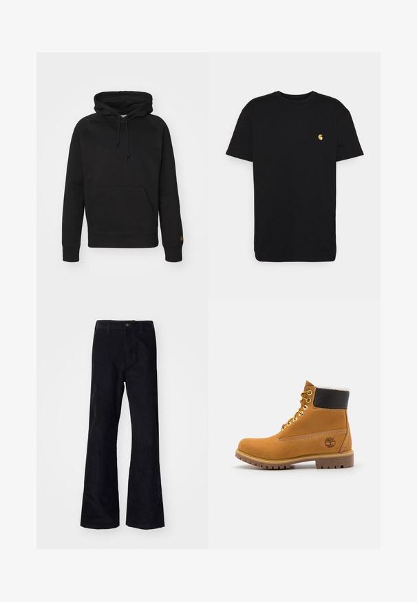Sort hættejakke i blødt stof, med en frontlomme, justerbar snor og ribbede manchetter. Glat tekstur med minimal detaljer.; Sort bomulds t-shirt med korte ærmer, rund halsudskæring og et lille gult logo på venstre brystområde. Enkel design og almindelig pasform.; Sorte, bomuldsforlængede bukser med en traditionel linning, enkelt forreste knap og lommer på siderne og bagpå. Glat tekstur.; Brune læder ankelstøvle med metaløjer, hvid pelsforing, sort polstret krave, robust sål og præget logo på siden.