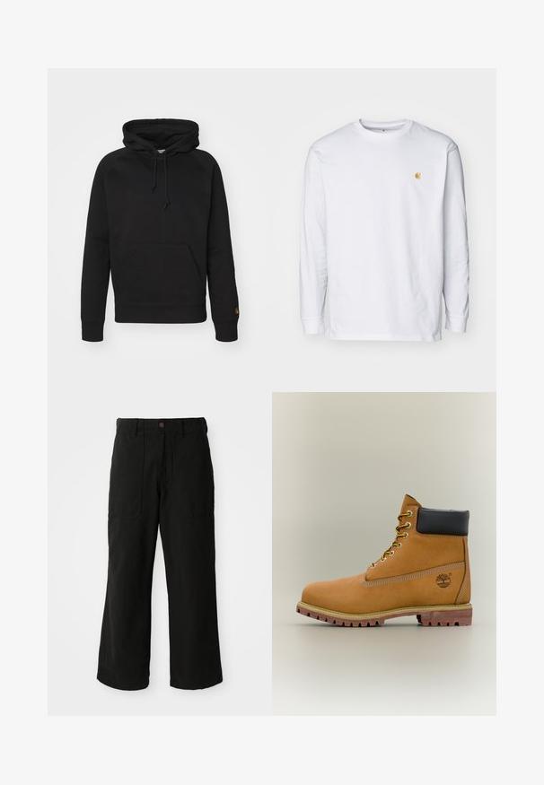 Haut à capuche noir en tissu doux, avec une poche avant, un cordon de serrage ajustable et des poignets côtelés. Texture lisse avec un minimalisme dans les détails.; T-shirt à manches longues blanc en coton. Présente un petit logo doré sur la poitrine et un col rond. Design simple et coupe standard.; Pantalons noirs à large jambe en tissu doux, dotés de poches avant et d'une fermeture à bouton à la taille. Design minimaliste sans motifs visibles.; Bottine en cuir marron avec col noir, lacets jaunes et semelle beige. Présente un logo et des détails de couture blanche. Semelle extérieure à traction robuste.