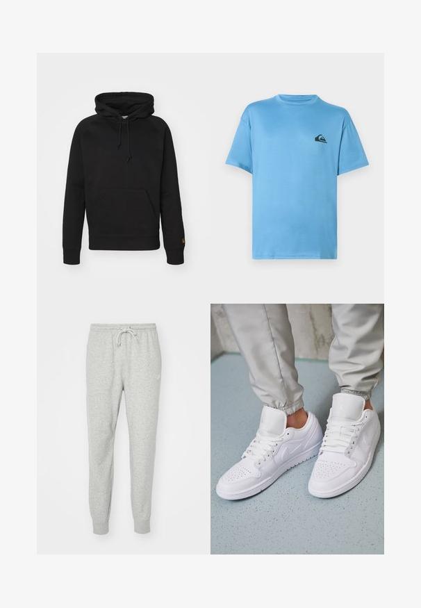 Zwarte hoodie van zacht materiaal, met een voorzak, verstelbare koord en geribde manchetten. Glad oppervlak met minimale detaillering.; Lichtblauw T-shirt met korte mouwen en ronde hals, met een klein zwart logo van een golf en een berg op de linkerborst.; Grijze sweatpants gemaakt van zacht materiaal met een elastische tailleband, een trekkoordsluiting en ribgebreide boorden. Voorzien van een klein logo aan de zijkant.; Witte leren sneakers met een geperforeerde neus, platte veters, een gepolsterde kraag en het Jordan-logo op de tong. Gediend met grijze joggers.