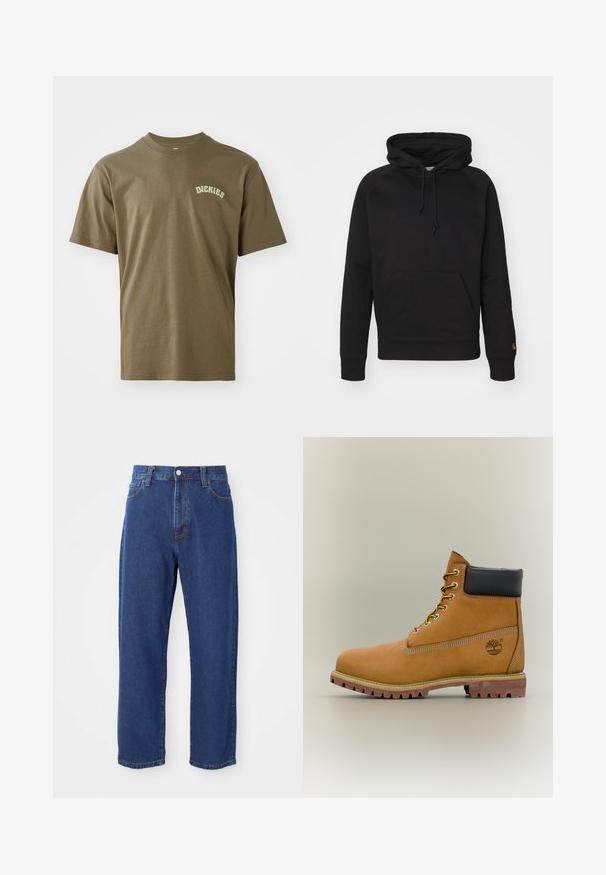 Schwarzer Hoodie aus weichem Stoff, mit einer Kängurutasche vorne, verstellbarem Kordelzug und gerippten Bündchen. Glatte Textur mit minimaler Gestaltung.; Olivgrünes Baumwoll-T-Shirt mit kurzen Ärmeln, Rundkragen und einem kleinen weißen "Dickies"-Logo auf der linken Brust. Glatte Textur.; Hoch taillierte blaue Jeans aus Denim, mit geradem Bein, sichtbaren Nähten und einem Frontknopfverschluss.; Brauner Leder-Stiefelette mit schwarzem Kragen, gelben Schnürsenkeln und hellbrauner Sohle. Verfügt über ein Logo und weiße Ziernähe. Robuste Profilsohle.