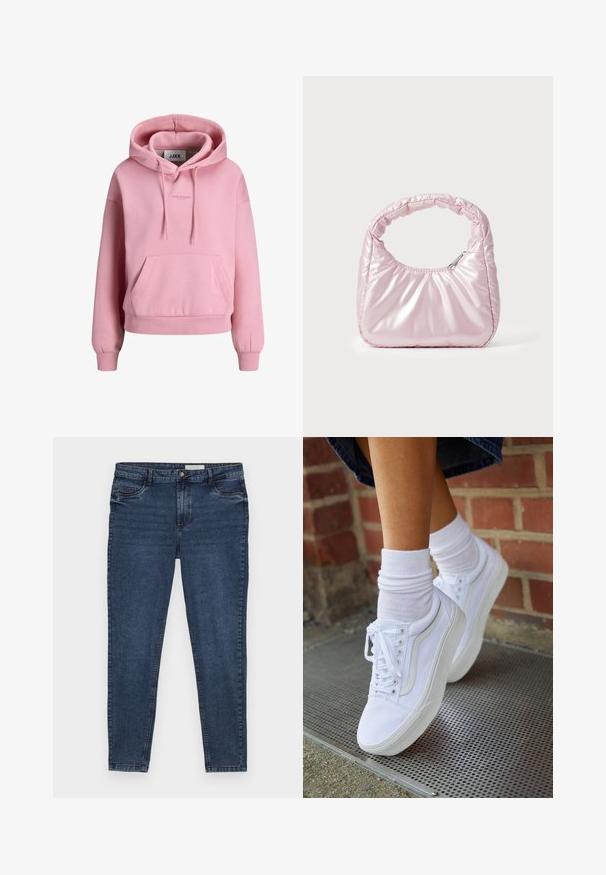 Roze capuchontrui met een voorzak in kangoeroestijl, koordjes, geribbelde manchetten en zoom, en een klein "JJXX Studio" logo op de borst.; Donkerblauwe spijkerbroek met een slim fit, vijfzakkenontwerp en gouden stiksel. Voorzien van een ritssluiting en knoopsluiting. Glad textuur.; Witte canvas sneakers met rubberen zolen, voorzien van zes vetertjes, een ronde neus en lichte stikdetails, gecombineerd met witte enkelsokken.; Roze, gevoerde handtas met een afgeronde vorm, gemaakt van glanzend materiaal. Beschikt over een geplooide handgreep en een ritssluiting voor veilige toegang.