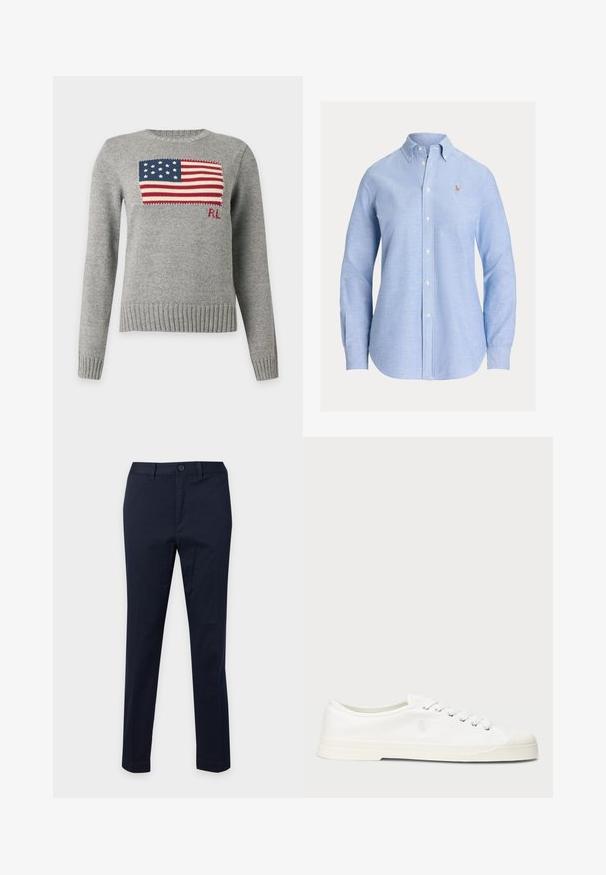 Pull gris en maille avec un motif du drapeau américain et des initiales rouges "RL" sur la poitrine, poignets, ourlet et encolure côtelés.; Chemise bleu clair à manches longues avec boutons, col boutonné et petit logo brodé sur la poitrine gauche.; Pantalon bleu marine slim fit avec fermeture à bouton et zip devant, passants pour ceinture et coupe droite.; Sneaker en toile blanche avec un bout rond, fermeture lacée et un détail de logo discret. Caractéristiques d'un tissu texturé et d'une semelle en caoutchouc.