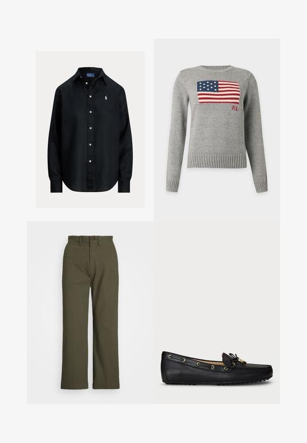 Grå strikket sweater med et amerikansk flagermønster og røde "RL" initialer på brystet, ribstrikkede manchetter, kant og halsudskæring.; Sort skjorte med lange ærmer, knapper, krave, hvide knapper og lille hvid broderet Polo Ralph Lauren-logo på venstre bryst.; Olivengrønne bukser med lige ben, knaplukning og sidelommer. Fremstillet af glat stof med en subtil glans og pæne syninger.; Sort læderloafersko med gyldne øjer, snøret sløjfe og gummistøbt sål, vist fra siden på en hvid baggrund.