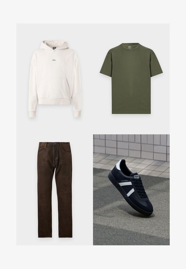 Lys beige hoodie lavet af blødt stof. Har en front kangaroo-lomme og et lille logo på brystet. Ribbet kanten og hæm. ; Olivengrøn kortærmet bomulds t-shirt med rund hals, fladt lagt på hvid baggrund, GAP mærke indeni kraven.; Brune denim jeans med en let slidtegn, lige ben-design, fem lommer og en knaplukning i taljen.; Sort lædersneaker med hvide striber, tekstureret gummisål og snørrebånd foran. Har et brandet mærke på tungen.