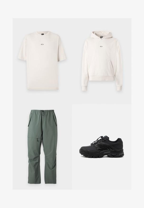 Hoodie beige clair en tissu doux. Doté d'une poche kangourou à l'avant et d'un petit logo sur la poitrine. Manches et bas côtelés.; Oakley RISE TEE - T-shirt basique - mist; Pantalons verts légers avec une taille élastique, cordon de serrage et plusieurs poches. Texture lisse avec une coupe décontractée et ample.; Baskets de sport noires avec tissu texturé, semelle épaisse et rembourrée, aérations et fermeture à lacets, vues de profil sur fond clair.