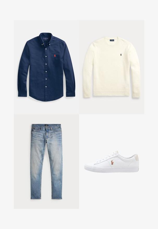 Hvid langærmet rundhalset sweater med ribstrikkede manchetter og kant, med en lille mørk Polo Ralph Lauren-logo på venstre bryst.; Marineblå skjorte med knapper lavet af bomuld, med spidst krave, lange ærmer og et lille rødt broderet logo på brystet.; Lys blå denimjeans med en falmet finish, fem-lomme design og kontraststing. Har lynlås og bæltesløjfer. Lige pasform.; Hvide kanvas sneakers med lågtop design, prydet med en beige hælkappe og et lille broderet logo på siden. Gummisål.