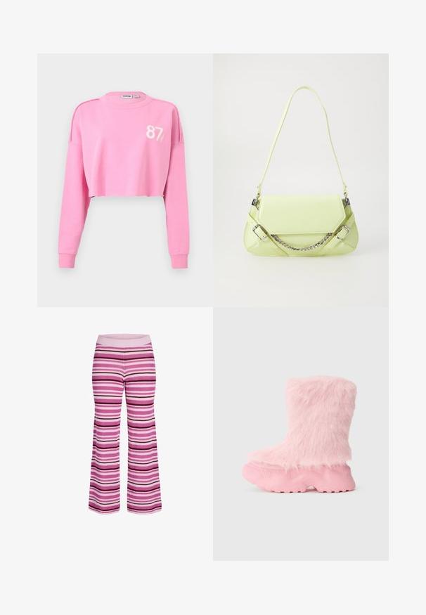 Pink cropped sweatshirt med lange ærmer og ribkantede manchetter, med nummeret "87" og en lille logo på øverste venstre bryst.; Strikkede bukser med horisontale striber i nuancer af pink, lilla og hvid, med ribbet elastik i taljen og vide ben.; Kraftig pink støvle med tekstureret sål og blød, fluffy faux fur der dækker hele det øverste af støvlen.; Limegrøn syntetisk håndtaske med en glat overflade, en aftagelig kædestrop og dekorative spænder; rektangulær form med indsnævrede sider.