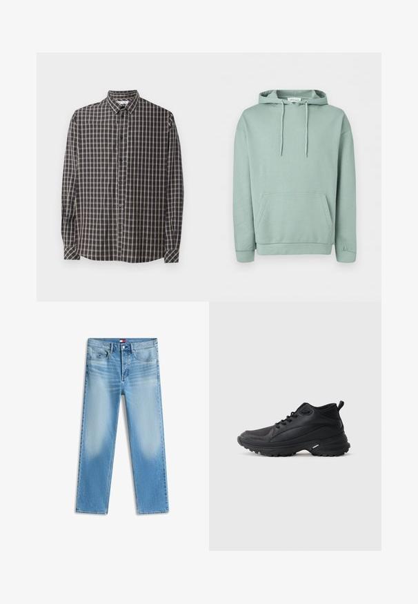 Lichtgroene pullover hoodie met voorzak, trekkoordkap en geribde manchetten en zoom.; Langarm overhemd in donkerblauw met een beige geruit patroon. Beschikt over een klassieke kraag en knopen aan de voorkant met een rechte zoom.; Lichtblauwe denim jeans met een rechte pijp, voorste knoop en ritssluiting, en een klein voorzakje met een logopatch.; Zwarte sportschoenen gemaakt van synthetisch materiaal. Voorzien van een gevoerde kraag, ronde neus, stevige buitenzool met grip en merkembleem.