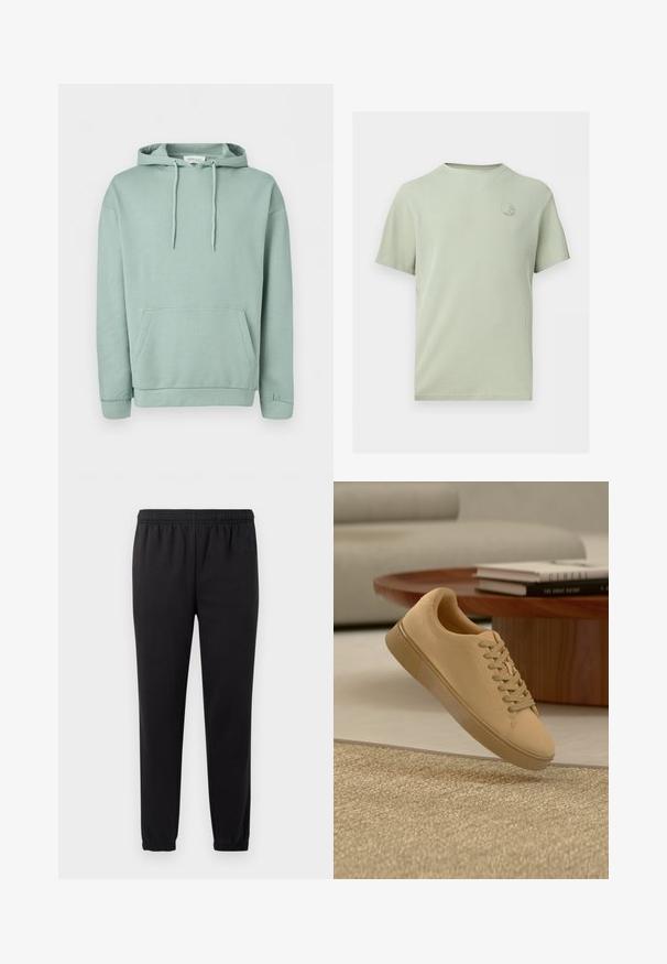 Lichtgroene pullover hoodie met voorzak, trekkoordkap en geribde manchetten en zoom.; Lichtgroen gestructureerd T-shirt met korte mouwen, ronde halslijn en klein rond logo op de linkerborst.; Zwarte joggingbroek met elastische tailleband, taps toelopende benen en textuurstof. Voorzien van een subtiele logo detail aan de linkerkant.; Beige vetersneaker die boven een gestructureerd tapijt zweeft, met een houten salontafel en gestapelde boeken op een wazige achtergrond.