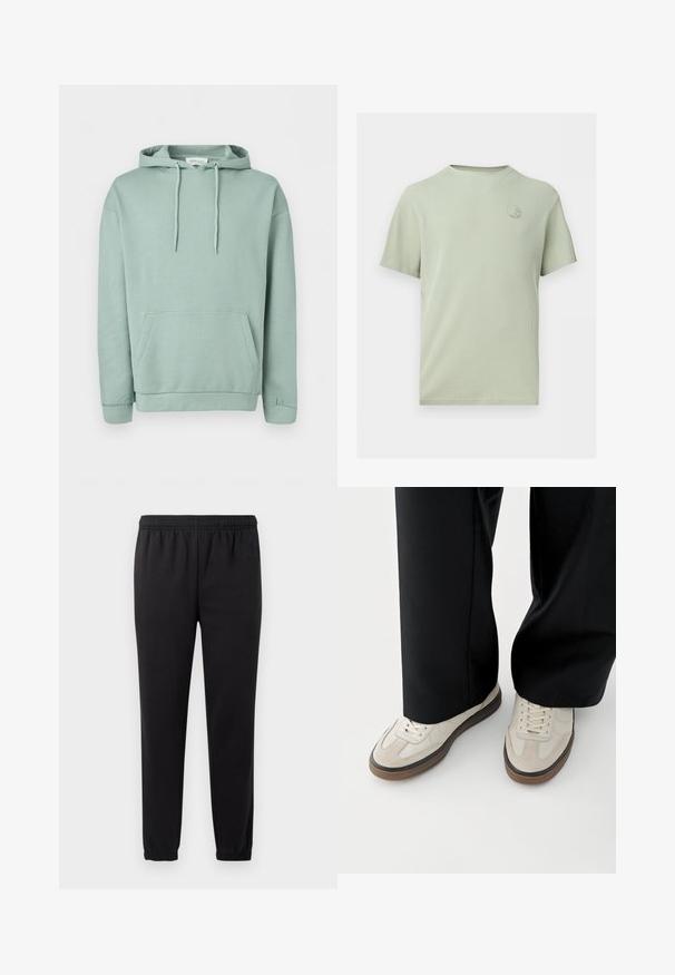 Hellgrüner Pullover mit Kapuze, Fronttasche, Kordelzug an der Kapuze sowie gerippten Bündchen und Saum.; Hellgrünes strukturiertes T-Shirt mit kurzen Ärmeln, rundem Ausschnitt und kleinem rundem Logo auf der linken Brust.; Schwarze Jogginghose mit elastischem Bund, schmal zulaufenden Beinen und strukturiertem Stoff. Verfügt über ein dezentes Logo-Detail auf der linken Seite.; Füße mit beigen Sneakers mit braunen Sohlen und schwarzen Hosen mit weitem Bein auf weißem Hintergrund.