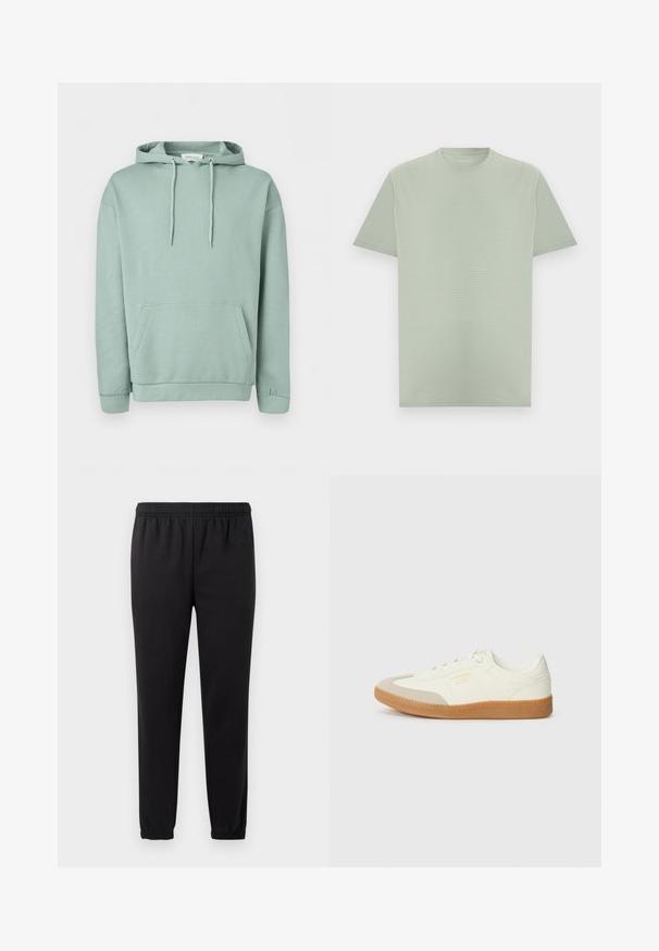 Hellgrüner Pullover mit Kapuze, Fronttasche, Kordelzug an der Kapuze sowie gerippten Bündchen und Saum.; Hellgrünes T-Shirt mit kurzen Ärmeln und Rundhalsausschnitt mit feiner horizontaler Streifenstruktur, gezeigt auf neutralem Hintergrund.; Schwarze Jogginghose mit elastischem Bund, schmal zulaufenden Beinen und strukturiertem Stoff. Verfügt über ein dezentes Logo-Detail auf der linken Seite.; Sneaker aus weißem Leder mit einer beigen Zehenkappe und leichter brauner Gummisohle. Verfügt über flache weiße Schnürsenkel und geprägtes Branding an der Seite.