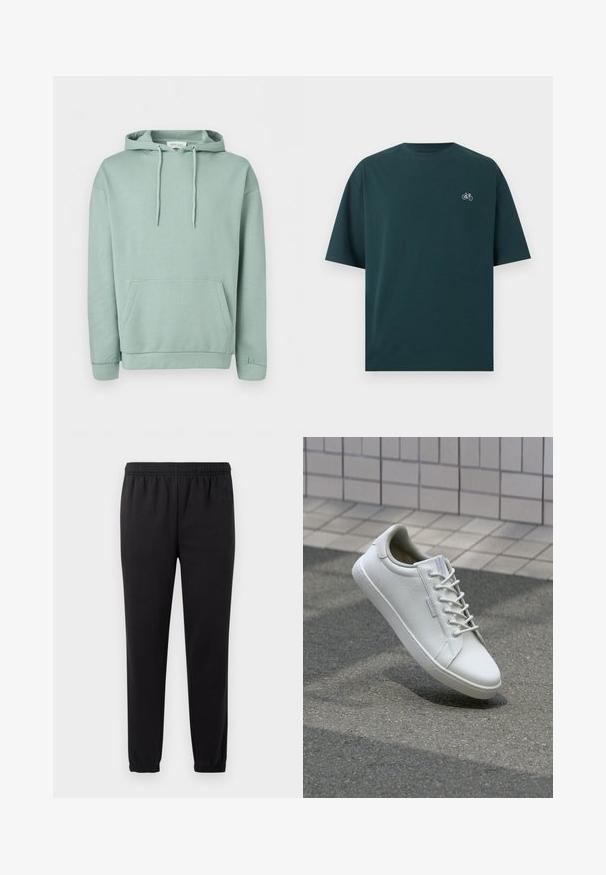 Hellgrüner Pullover mit Kapuze, Fronttasche, Kordelzug an der Kapuze sowie gerippten Bündchen und Saum.; Dunkelgrünes T-Shirt mit kurzen Ärmeln, Rundhalsausschnitt und kleinem weißen Fahrrad-Symbol auf der linken Brust.; Schwarze Jogginghose mit elastischem Bund, schmal zulaufenden Beinen und strukturiertem Stoff. Verfügt über ein dezentes Logo-Detail auf der linken Seite.; Weiße Sneaker aus strukturiertem Leder, mit einer Schnürung vorne, robustem Gummisohle und minimalistisches Design mit verstärkter Zehenkappe.
