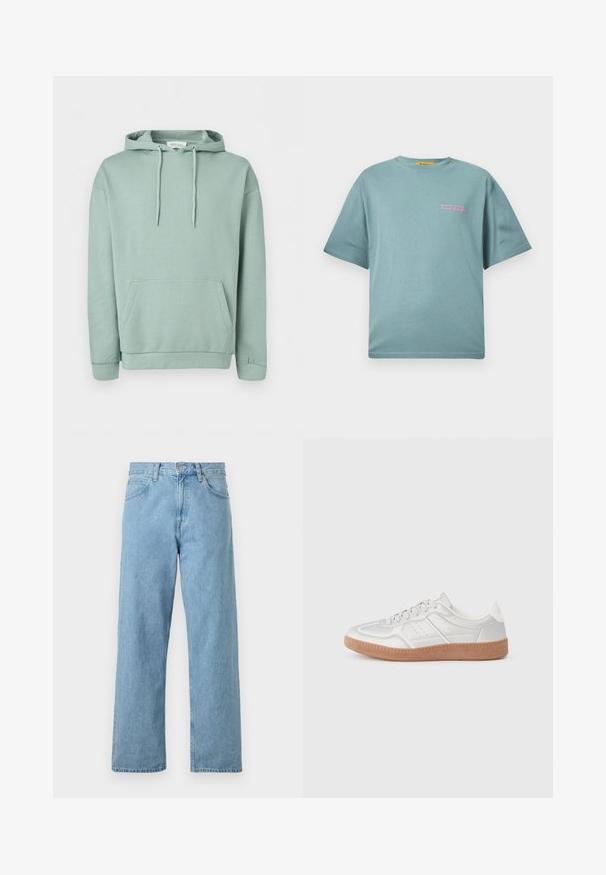 Lichtgroene pullover hoodie met voorzak, trekkoordkap en geribde manchetten en zoom.; Lichtblauw katoenen T-shirt met een losse pasvorm. Heeft een ronde hals en korte mouwen. De tekst in het roze op de linkerborst zegt: "Werk Hard, Feest Hard."; Lichtblauwe denim jeans met een rechte pasvorm, vijf zakken, knoop- en ritssluiting, en een iets vervaagde afwerking.; Zilveren sneakers met een gladde textuur, vetersluiting, geperforeerde accenten en een gestructureerde bruine rubberen zool.