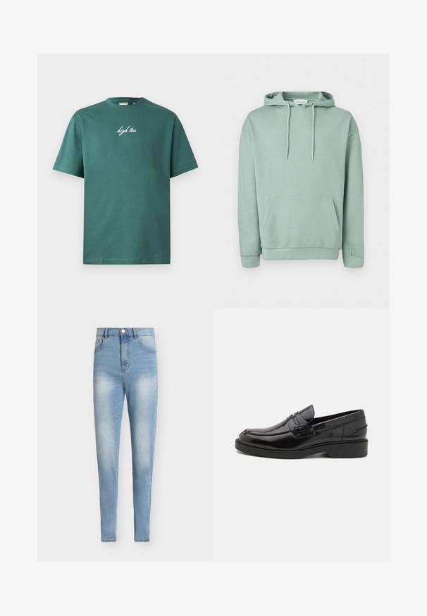 Lysegrøn pullover hoodie med forlomme, snøretrækshætte og ribkanter ved manchetter og kant.; Grøn bomuld T-shirt med rund hals og korte ærmer. Har hvid, kursiv tekst "high tea" på forsiden. Enkel design, ingen mønstre.; Lyseblå højttaljede jeans i denimstof. Slim fit med falmende detaljer, fem lommer og lukning med metal-knap.; Sorte læder loafers med en glat finish, rund tå, lav hæl og dekorativ syning langs forsiden. Gummisål for godt greb.