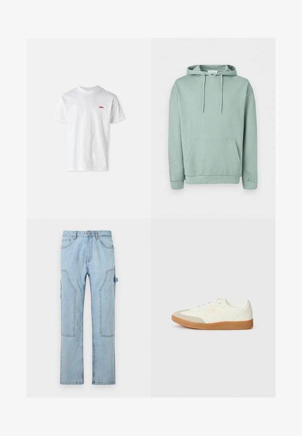 Lichtgroene pullover hoodie met voorzak, trekkoordkap en geribde manchetten en zoom.; Witte katoenen t-shirt met een ronde hals en korte mouwen, voorzien van een klein rood "OBEY" logo op de linkerborst.; Lichtblauwe denim cargo pants met een rechte pijp, voorzien van grote zijzakken, contrasterende stiksels en een knoopsluiting bij de taille.; Schoen gemaakt van wit leer met een beige teenkap en een lichtbruine rubberen zool. Voorzien van platte witte veters en reliëfbranding aan de zijkant.