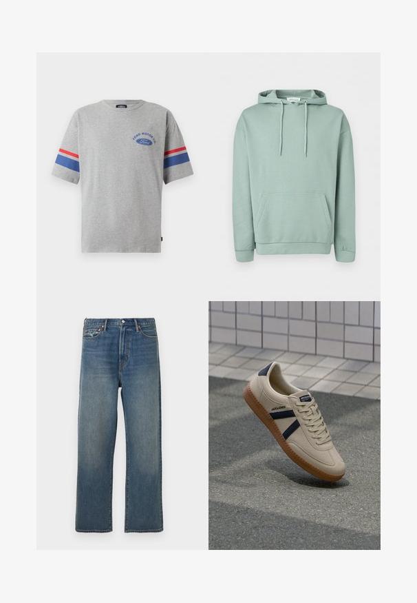Lysegrøn pullover hoodie med forlomme, snøretrækshætte og ribkanter ved manchetter og kant.; Grå bomulds t-shirt med korte ærmer, prydet med blå og røde striber på ærmerne og "Ford Motor Co" logo i blå på brystet.; Blå denim jeans med lige ben, let fading, fem-lommers design, bæltestropper og knaplukning foran.; Beige sneaker med struktureret overflade, marineblå striber og gummisål. Har en polstret tunge og traditionelt snørresystem for en sikker pasform.