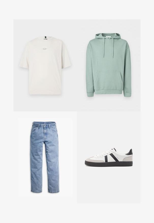 Sweat à capuche vert clair avec poche avant, capuche à cordon de serrage et poignets et ourlet côtelés.; Oakley STACKED TEE - T-shirt imprimé - mist; Jean en denim bleu clair à jambes droites avec fermeture avant par boutons et fermeture éclair, passants de ceinture, et poches avant inclinées.; Baskets blanches avec des accents noirs et gris, présentant un embout texturé gris, une semelle en caoutchouc noir et des lacets plats blancs. Design épuré, style minimaliste.