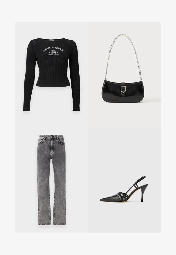 Top de punto acanalado negro de manga larga con escote redondo y texto gráfico blanco que dice "ELISABETTA FRANCHI SINCE 1998 LIMITED EDITION".; Jeans de denim gris de talle alto con un diseño de pierna recta, que presentan un ligero efecto de desgaste y un estilo de cinco bolsillos estándar.; Zapato de tacón alto de charol negro con punta afilada, diseño de tiras entrecruzadas y tacón de aguja delgado. Textura suave y acentos mínimos.; Bolso de hombro de charol negro con detalle de hebilla plateada y correa de cadena plateada, presentado sobre un fondo liso y claro.