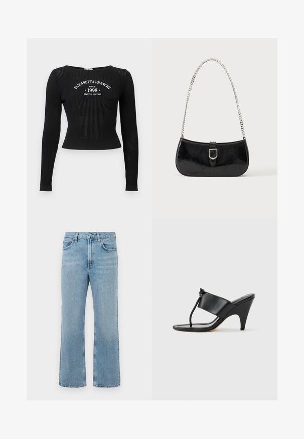 Zwart geribd gebreide top met lange mouwen, voorzien van een ronde halslijn en witte grafische tekst met de tekst "ELISABETTA FRANCHI SINCE 1998 LIMITED EDITION."; Lichtblauwe spijkerbroek met een recht model, hoge taille, zichtbare stiksels en een lichte vervaging. Geen versieringen of hardware.; Zwarte sandaal met hoge hak, voorzien van een brede voorband en een teenlus met een knoopdetail van koord, vanuit zijaanzicht getoond op een witte achtergrond.; Zwarte lakleren schoudertas met een zilveren gespdetail en een zilveren kettingriem, getoond tegen een effen lichte achtergrond.