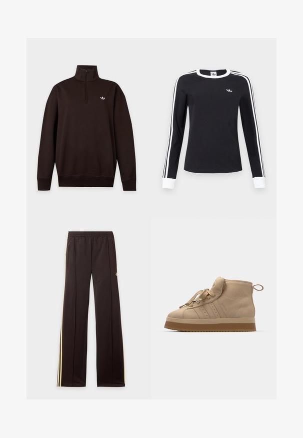 Zwarte trui met lange mouwen, halve ritskraag en klein wit Adidas-logo op de linkerborst tegen een effen achtergrond.; Zwart longsleeve shirt met witte kraag en boorden, witte strepen langs de mouwen en een klein wit Adidas-logo op de linker borst.; Zwarte trainingsbroek met gele zijstrepen, elastische tailleband, ritszakken aan de zijkant en een klein logo op het bovenbeen.; Beige suède high-top sneakers met een dikke rubberen zool, voorzien van een opvouwbare tong, ronde neus en decoratieve veters.