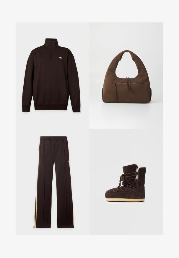Pull noir à manches longues avec col demi-zip et petit logo blanc Adidas sur la poitrine gauche sur fond uni.; Pantalon de survêtement noir avec des bandes latérales jaunes, taille élastique, poches latérales zippées et un petit logo sur la partie supérieure de la cuisse.; Botte en suede marron avec un dessus en fausse fourrure blanche, des liens en dentelle et une semelle en caoutchouc beige. Le côté présente le texte "MOON BOOT."; Sac à main en tissu marron avec une poignée incurvéeUnique et une poche zippée à l'avant. Présente une texture lisse et un détail de logo doré.