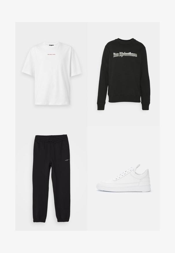 Han Kjøbenhavn ARTWORK REGULAR CREWNECK - Sweatshirt - black; T-shirt blanc à manches courtes avec col rond, avec un petit texte rouge "MICHAEL KORS" centré sur la poitrine.; Pantalons de jogging noirs avec une taille élastique et un cordon de serrage, dotés de poches sur les côtés et de poignets aux chevilles. Marquage blanc discret sur la jambe.; Baskets basses blanches à fermeture lacée, détails surpiqués, languette au talon et semelle crantée sur un fond clair uni.