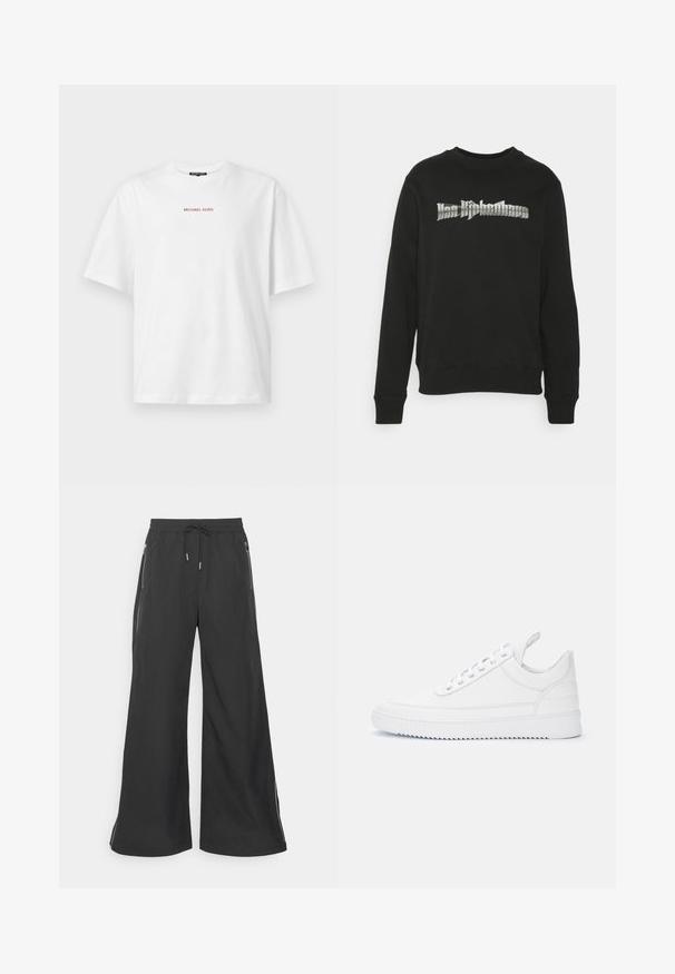 Han Kjøbenhavn ARTWORK REGULAR CREWNECK - Sweater - black; Wit T-shirt met korte mouwen en ronde hals, met kleine rode "MICHAEL KORS" tekst gecentreerd op de borst.; Zwarte wijde broek met een elastische tailleband en een trekkoord. Heeft zijzakken met rits en witte accentlijnen langs de zijkanten.; Witte lage sneaker met vetersluiting, doorgestikte details, trekfolie bij de hiel en een geribbelde zool op een effen lichte achtergrond.