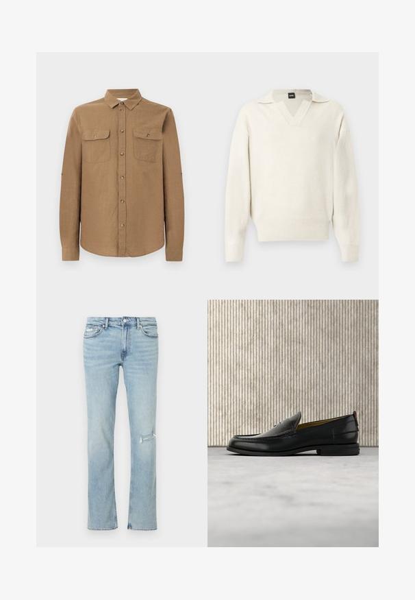 Pull en maille blanche avec un col en V et un petit col, présentant une coupe ample, des poignets et un ourlet côtelés pour plus de texture et de détails.; Chemise marron à manches longues avec boutons, col et deux poches poitrine devant, présentée sur un fond gris clair uni.; Jean bleu clair à jambe droite avec une déchirure usée sur la cuisse droite, poches avant et taille avec fermeture à bouton.; Mocassin pour homme en cuir noir avec un dessus embossé effet croco et un petit talon, présenté de profil sur un fond neutre.